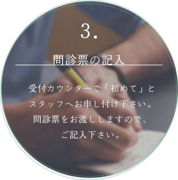 3. 問診票のご記入 受付カウンターで「初めて」とスタッフへお申し付けください。問診票をお渡ししますので、ご記入をお願い致します。